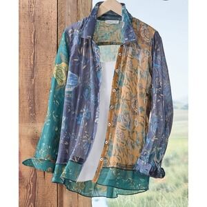 Coldwater Creek Botanical Spirit Crinkled Floral Shirt Cotton Lightweight Artsy